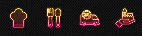 Set line Snelle levering per auto, Chef hoed, Vork en lepel en Online bestellen. Een gloeiend neon icoon. Vector — Stockvector