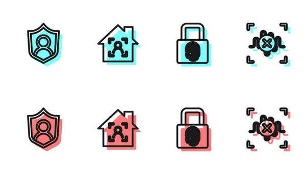 Ställ in linje Fingeravtryck med lås, Användarskydd, Smart hem ansikte id och Avslag röstigenkänning ikon. Vektor — Stock vektor