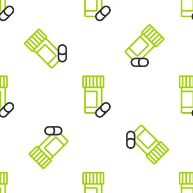 Hat ilacı şişesi ve hap ikonu beyaz arka planda izole edilmiş kusursuz desen. Şişe hapı işareti. Eczane tasarımı. Vektör