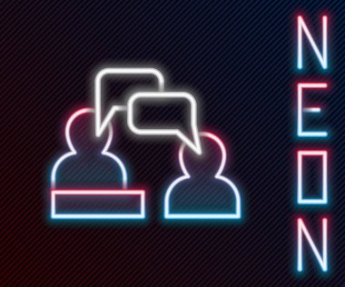 Işıldayan neon hattı İki oturan adam konuşan simge siyah arka planda izole. Konuşma balonu sohbeti. İleti simgesi. İletişim ya da yorum sohbet sembolü. Renkli taslak konsepti. Vektör