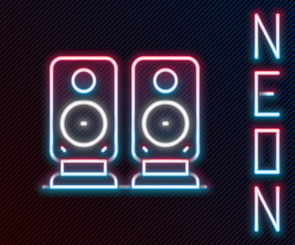 Parlayan neon hattı Stereo hoparlör simgesi siyah arkaplanda izole edildi. Ses sistemi hoparlörleri. Müzik ikonu. Müzikal sütun hoparlörü. Renkli taslak konsepti. Vektör
