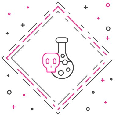 Zehirli sıvı ikonu beyaz arka planda izole edilmiş çizgi laboratuvarı kimyasal deney şişesi. Biyolojik tehlike sembolü. Radyasyon ikonu olan tehlikeli bir sembol. Renkli taslak konsepti. Vektör