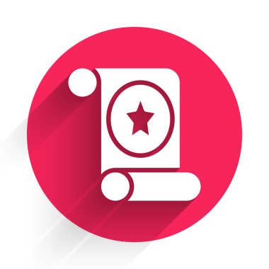 Beyaz Sihirli parşömen simgesi uzun gölgeli izole edilmiş. Karar, kağıt, parşömen, parşömen ikonu. Kırmızı daire düğmesi. Vektör.