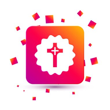 Beyaz arka planda beyaz Hıristiyan haç simgesi izole edildi. Kilise haçı. Kare renk düğmesi. Vektör.