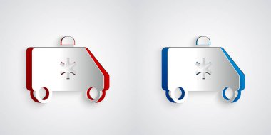 Kağıt kesiği ambulans ve acil durum arabası simgesi gri arka planda izole edildi. Ambulans aracı tıbbi tahliye. Kağıt sanatı tarzı. Vektör.