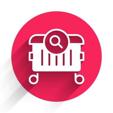 Sokaklardaki çöp tenekelerinde yemek arayan beyaz tenli, uzun gölgeli bir ikon. Evsizlik ve yoksulluk kavramı. Kırmızı daire düğmesi. Vektör