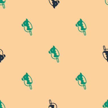 Yeşil ve siyah oyuncak at ikonu, bej arka planda kusursuz desen izole etti. Vektör