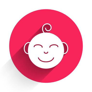 Beyaz Mutlu küçük çocuk kafası ikonu uzun gölgeli arka planda izole edilmiş. Erkek bebeğin yüzü. Kırmızı daire düğmesi. Vektör