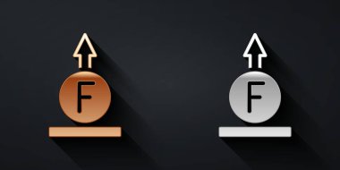 Fizik formülünün altın ve gümüş güç hesaplama ikonu siyah arkaplanda izole edilmiş. Uzun gölge tarzı. Vektör