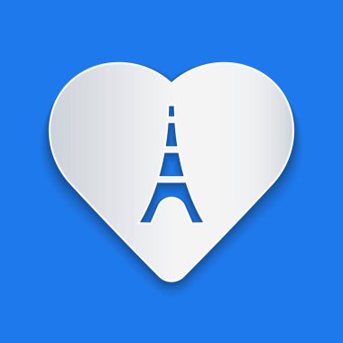 Kağıt kesiği Eyfel kulesi. Mavi arka planda kalp ikonu var. Fransa Paris simgesi. Kağıt sanatı tarzı. Vektör
