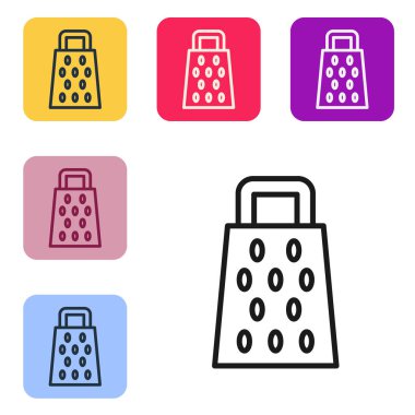 Siyah çizgi Grater simgesi beyaz arkaplanda izole edildi. Mutfak sembolü. Mutfak aletleri. Çatal bıçak seti. Renkli kare düğmelerle simgeleri ayarla. Vektör.