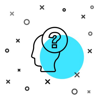 Beyaz arka planda soru işareti simgesi olan siyah çizgi insan kafası. Rastgele dinamik şekiller. Vektör.