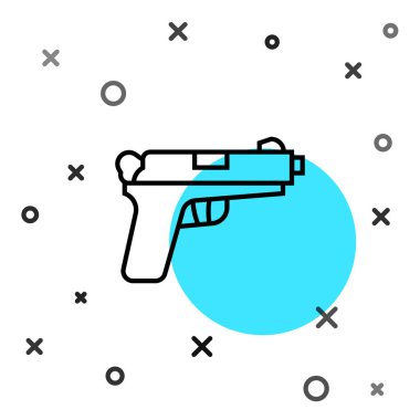 Siyah çizgi tabanca ya da silah ikonu beyaz arkaplanda izole edilmiş. Polis ya da askeri silah. Küçük ateşli silah. Rastgele dinamik şekiller. Vektör.