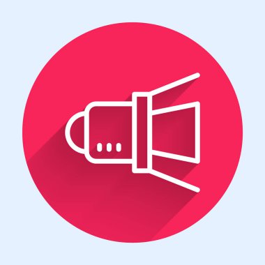 Beyaz çizgi, spot ışıkları ikonu uzun gölgeli izole edilmiş. Işık efekti. Sahne, Stüdyo, Gösteri. Kırmızı daire düğmesi. Vektör.