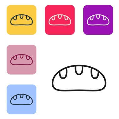 Siyah çizgi ekmek simgesi beyaz arkaplanda izole edildi. Renkli kare düğmelerle simgeleri ayarla. Vektör.