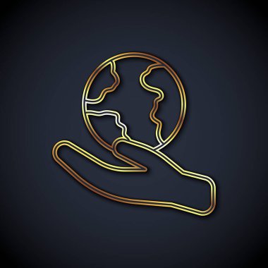 Dünya 'nın simgesini tutan altın çizgili insan eli siyah arkaplanda izole edilmiş. Dünya kavramını sakla. Vektör.