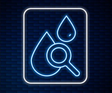 Parlayan neon hattı düşüşü ve büyüteç ikonu tuğla duvar arka planında izole edilmiş. Vektör