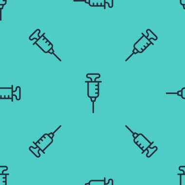 Siyah çizgi şırınga ikonu yeşil arkaplandaki kusursuz deseni izole etti. Aşı için şırınga, aşı, iğne, grip aşısı. Tıbbi ekipman. Vektör