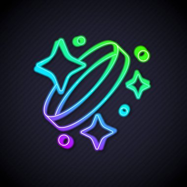 Parlak neon çizgili elmas nişan yüzüğü simgesi siyah arkaplanda izole edildi. Vektör