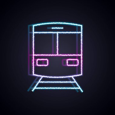 Parlayan neon hattı tren ve demiryolu ikonu siyah arka planda izole edildi. Toplu taşıma sembolü. Metro treni nakliyesi. Metro yeraltı. Vektör