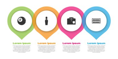 Bilardo topu, bovling broşu, gömlek ve toplar hazır olsun. Ticari bilgi şablonu. Vektör