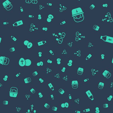 Rahip, paskalya yumurtalı sepet, paskalya ve kutsal su şişesi kusursuz desenli olsun. Vektör