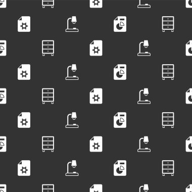 Belgeyi grafik şeması, arşiv kâğıtları çekmecesi, ayarları ve masa lambasını pürüzsüz desen üzerine ayarla. Vektör