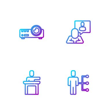 Takım elbiseli adam, konuşmacı, medya projektörü ve kelle avcısı. Renk simgeleri. Vektör.