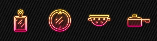 Set Lijn Keukenvergiet Snijplank Braadpan Een Gloeiend Neon Icoon Vector — Stockvector