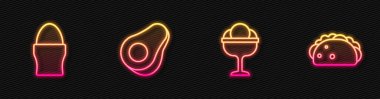 Kasede dondurma, tezgahta tavuk yumurtası, avokado meyvesi ve tortilla ile taco. Parlayan neon ikonu. Vektör