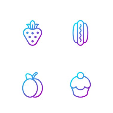 Sabit hat Muffin, Erik meyvesi, Çilek ve Hotdog. Renk simgeleri. Vektör