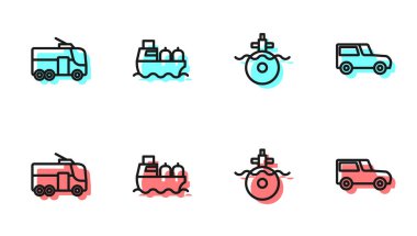 Denizaltı, Trolleybus, petrol tankeri gemisi ve araba ikonu. Vektör