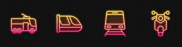 Set Lijn Trein Spoorlijn Trolleybus Scooter Een Gloeiend Neon Icoon — Stockvector