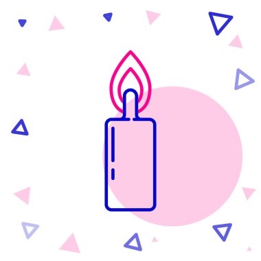 Satır Yanan mum simgesi beyaz arkaplanda izole edildi. Silindirik mum çubuğu ve yanan ateş. Renkli taslak konsepti. Vektör İllüstrasyonu