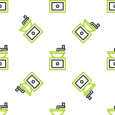 Çizgi manuel kahve öğütücü ikonu beyaz arka planda pürüzsüz desen izole etti. Vektör