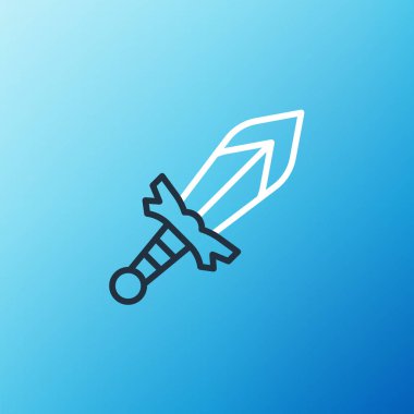 Orta Çağ kılıç simgesi mavi arkaplanda izole edildi. Ortaçağ silahı. Renkli taslak konsepti. Vektör