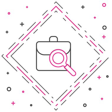 Beyaz arka planda izole edilmiş evrak çantası simgesi olan çizgi büyüteç. İş arıyorum. İş arama konsepti. İşsizlik, kelle avcılığı, kariyer. Renkli taslak konsepti. Vektör