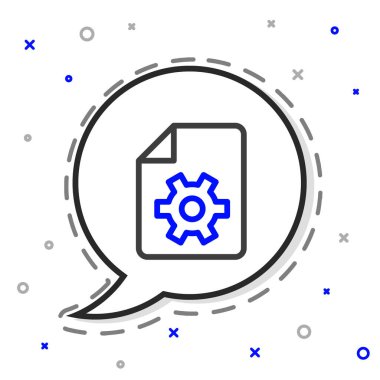 Beyaz arkaplan üzerinde izole edilmiş dişli simgesi olan satır belgesi ayarları. Yazılım güncellemesi, transfer protokolü, takım çalışması araç yönetimi. Renkli taslak konsepti. Vektör