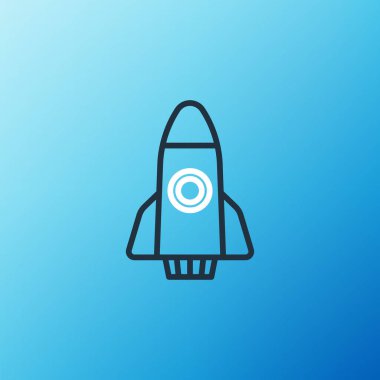Roket gemisi simgesi mavi arkaplanda izole edildi. Uzay yolculuğu. Renkli taslak konsepti. Vektör