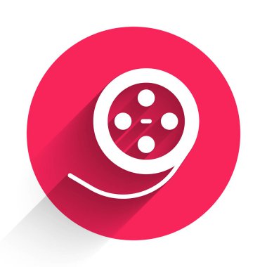 Uzun gölgeli beyaz film makarası ikonu. Kırmızı daire düğmesi. Vektör