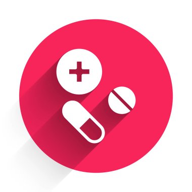 Uzun gölgeli beyaz ilaç veya tablet ikonu. Kapsül hapı ve uyuşturucu işareti. Eczane tasarımı. Kırmızı daire düğmesi. Vektör