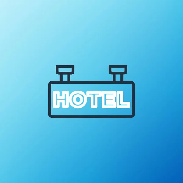 Line Signboard kültéri hirdetés szöveggel Hotel ikon elszigetelt kék alapon. Színes vázlat koncepció. Vektor — Stock Vector