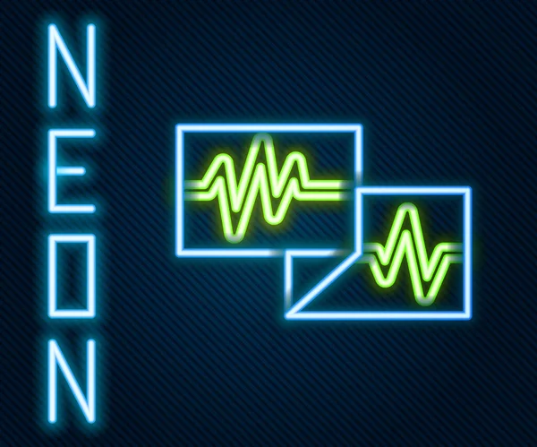 Leuchtender neonliniger Computermonitor mit Kardiogramm-Symbol isoliert auf schwarzem Hintergrund. Überwachungssymbol. EKG-Monitor mit von Hand gezogenem Herzschlag. Buntes Rahmenkonzept. Vektor — Stockvektor