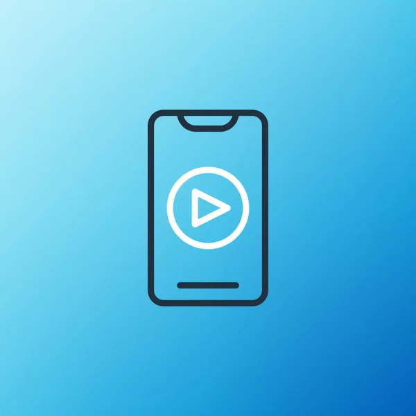 Line Online spielen Video-Symbol isoliert auf blauem Hintergrund. Smartphone und Filmstreifen mit Spielzeichen. Buntes Rahmenkonzept. Vektor — Stockvektor
