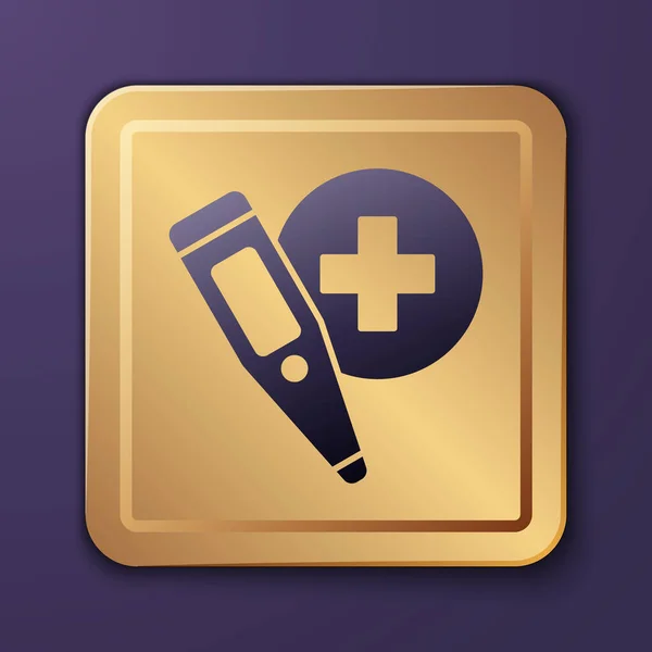 Purple Medical digitale thermometer voor medisch onderzoek pictogram geïsoleerd op paarse achtergrond. Gouden vierkante knop. Vector — Stockvector