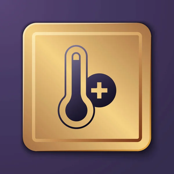 Фиолетовый метеорологический термометр, измеряющий тепло и холодную иконку на фиолетовом фоне. Термометр показывает жаркую или холодную погоду. Золотая квадратная кнопка. Вектор — стоковый вектор