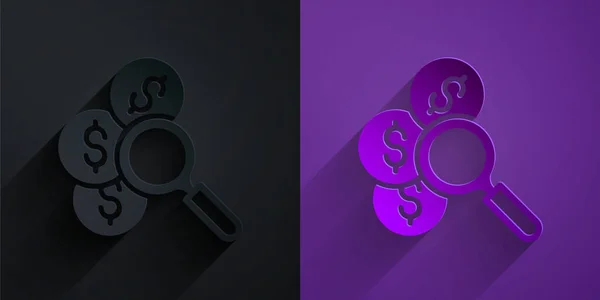 Corte de papel Buscar icono de dinero aislado en negro sobre fondo púrpura. Estilo de arte de papel. Vector — Vector de stock