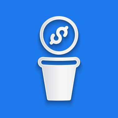 Kağıt kesiği para ikonu mavi arka planda izole. Bağış sembolü olarak el ile para verin. Para ve bağış konsepti. Kağıt sanatı tarzı. Vektör