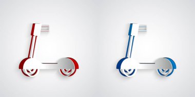 Gri arka planda izole edilmiş çocuk ikonu için kağıt kesiği scooter. Motoru tekmele ya da dengeli sür. Kağıt sanatı tarzı. Vektör