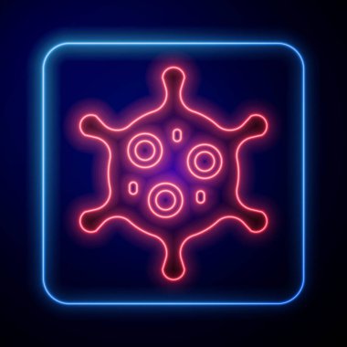 Parlayan neon virüs simgesi siyah arkaplanda izole edildi. Corona virüsü 2019-nCoV. Bakteri ve mikroplar, hücre kanseri, mikrop, mantar. Vektör